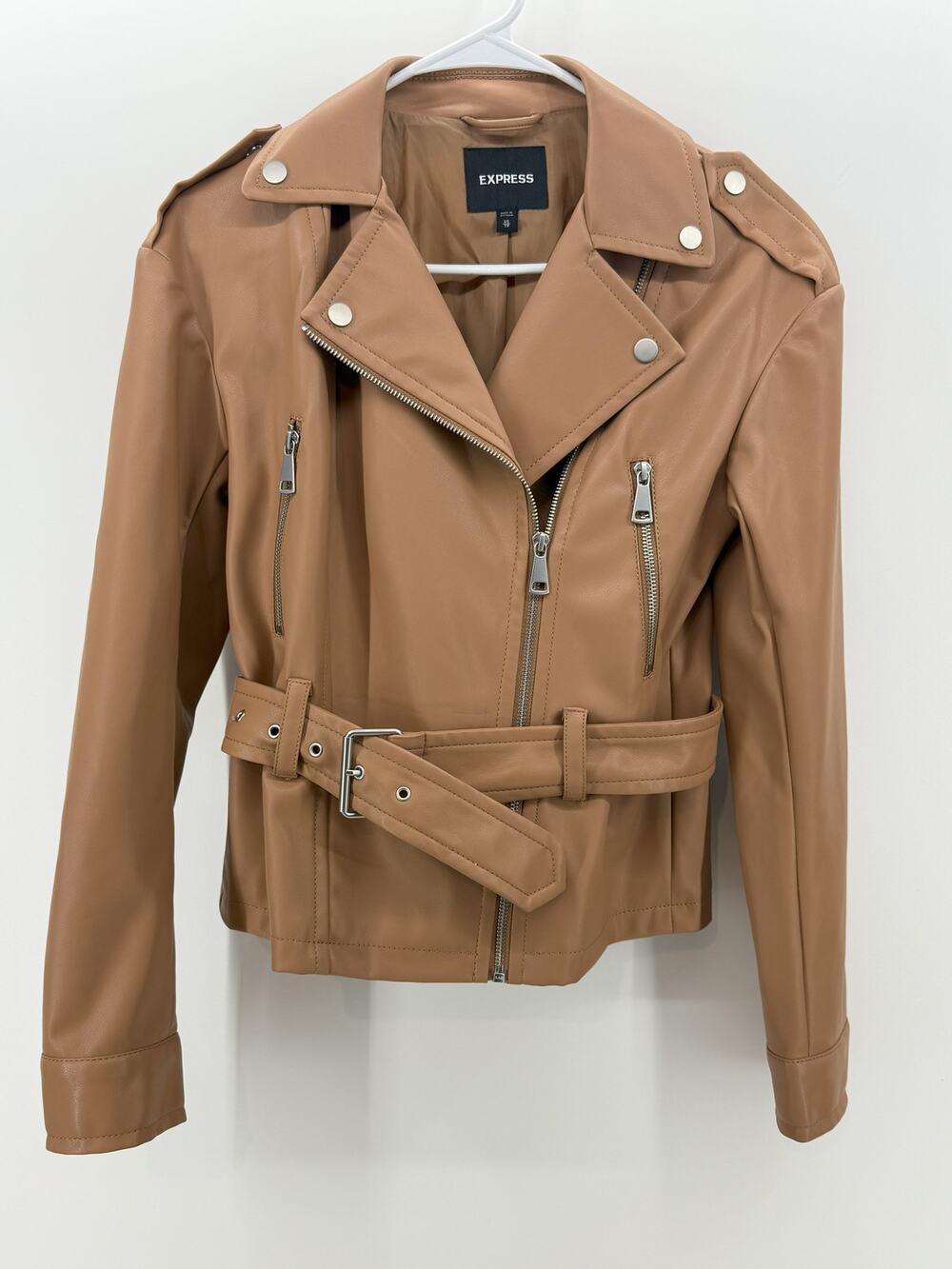 Express Faux Leather Belted Drop Shoulder Jacket, Brown, XS